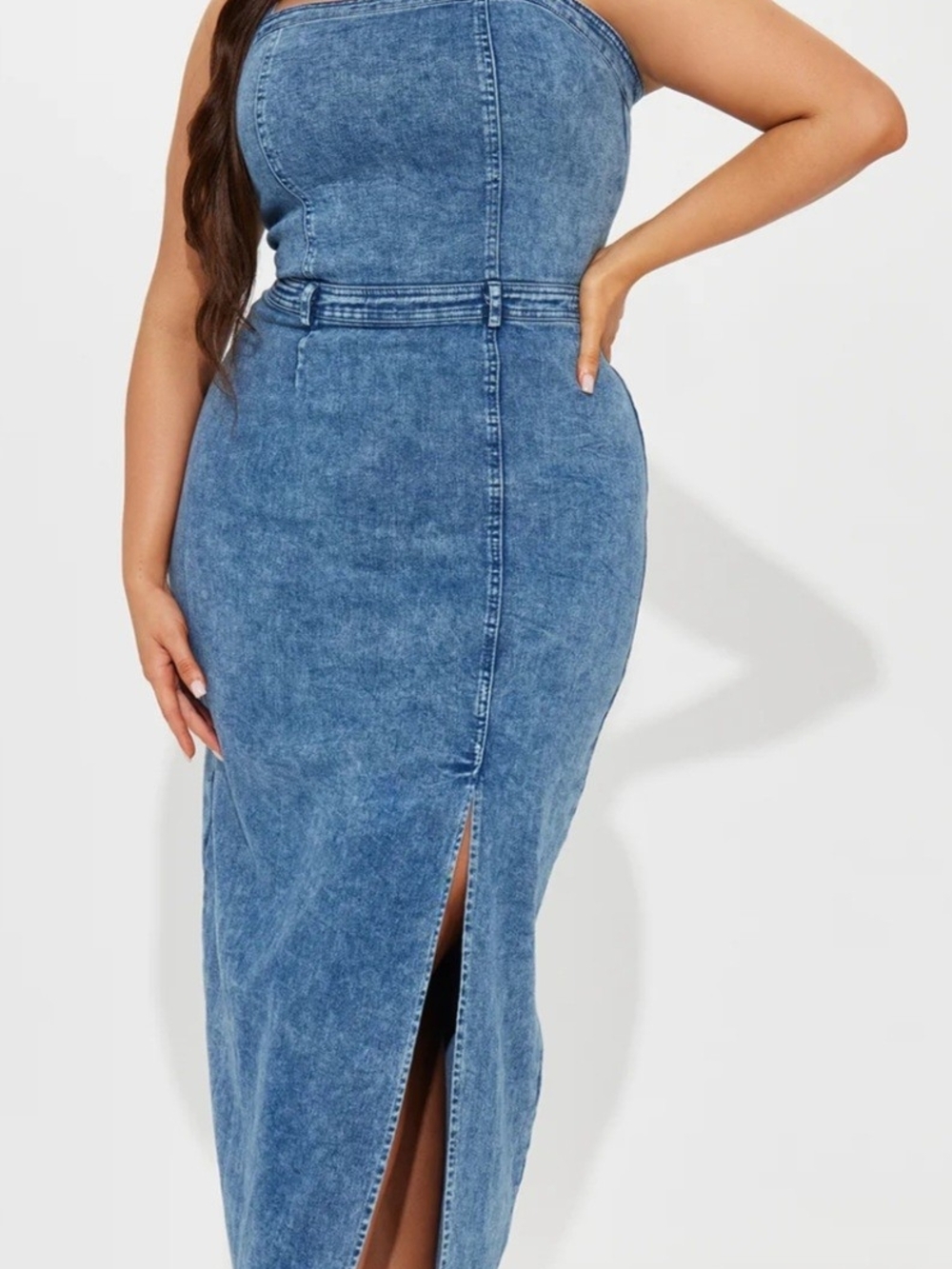 Denim Midi Dress with Front Slit - Blue